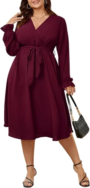 SCOMCHIC Womens Plus Size Wedding Guest Cocktail Midi Dress Winter Long Sleeve Wrap V Neck Belted A-Line Flowy Party Dress