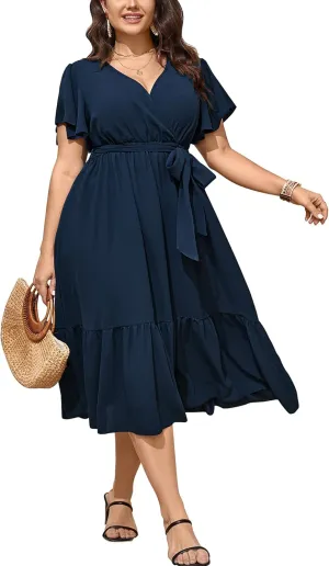 SCOMCHIC Womens Plus Size Wedding Guest Dresses Summer Wrap V Neck Short Sleeve Belted Ruffle Hem A-Line Flowy Maxi Dress