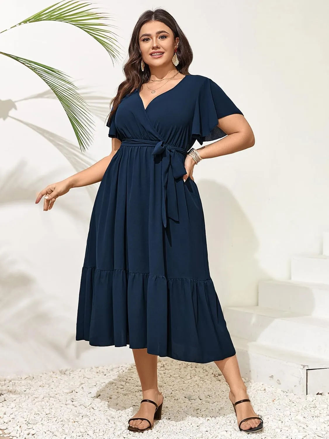 SCOMCHIC Womens Plus Size Wedding Guest Dresses Summer Wrap V Neck Short Sleeve Belted Ruffle Hem A-Line Flowy Maxi Dress