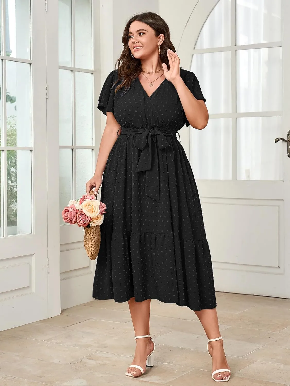 SCOMCHIC Womens Plus Size Wedding Guest Dresses Summer Wrap V Neck Short Sleeve Belted Ruffle Hem A-Line Flowy Maxi Dress