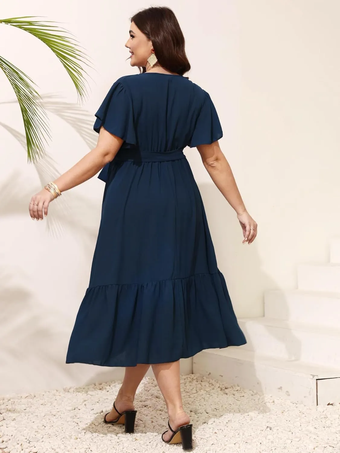 SCOMCHIC Womens Plus Size Wedding Guest Dresses Summer Wrap V Neck Short Sleeve Belted Ruffle Hem A-Line Flowy Maxi Dress