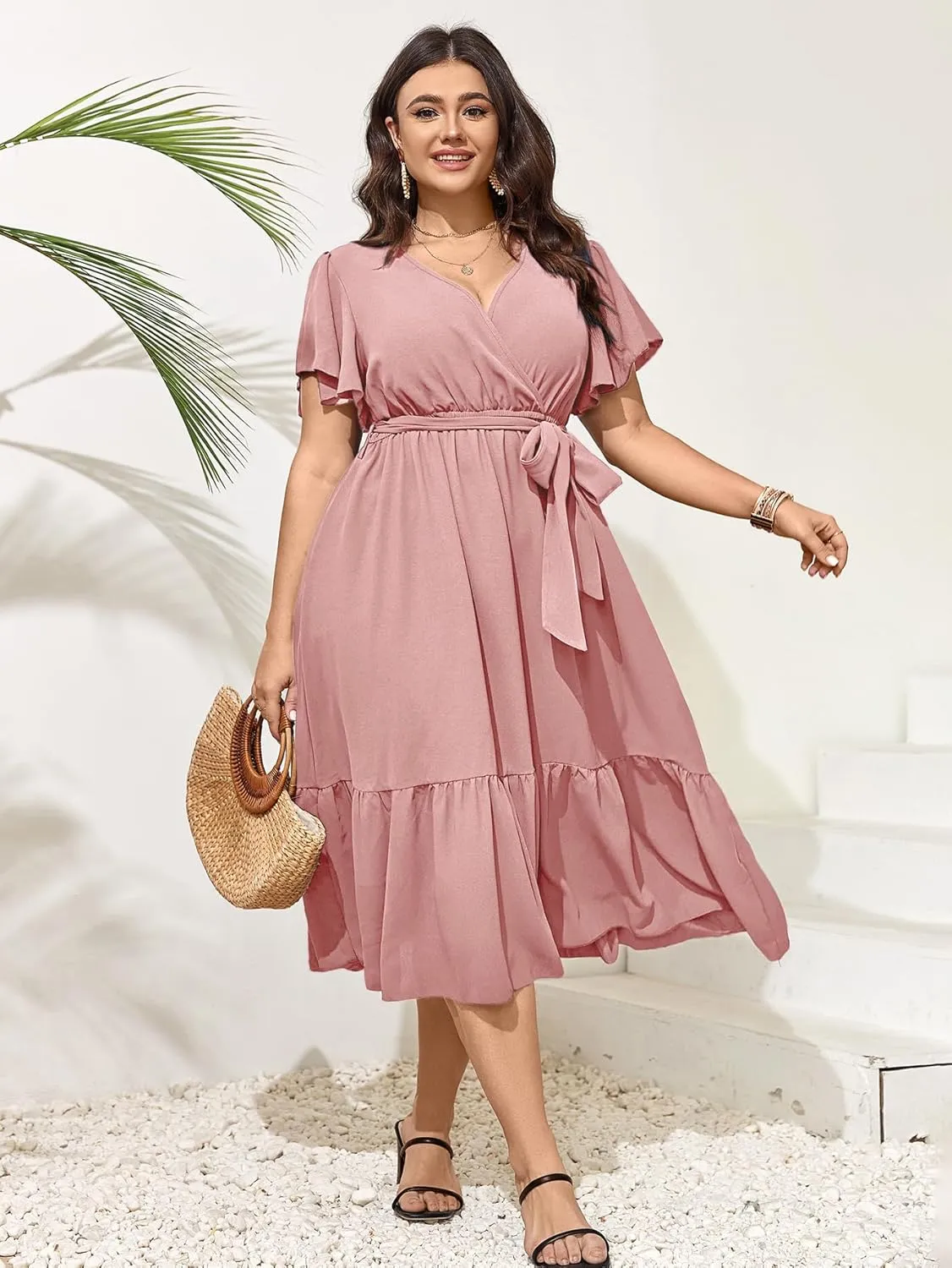SCOMCHIC Womens Plus Size Wedding Guest Dresses Summer Wrap V Neck Short Sleeve Belted Ruffle Hem A-Line Flowy Maxi Dress