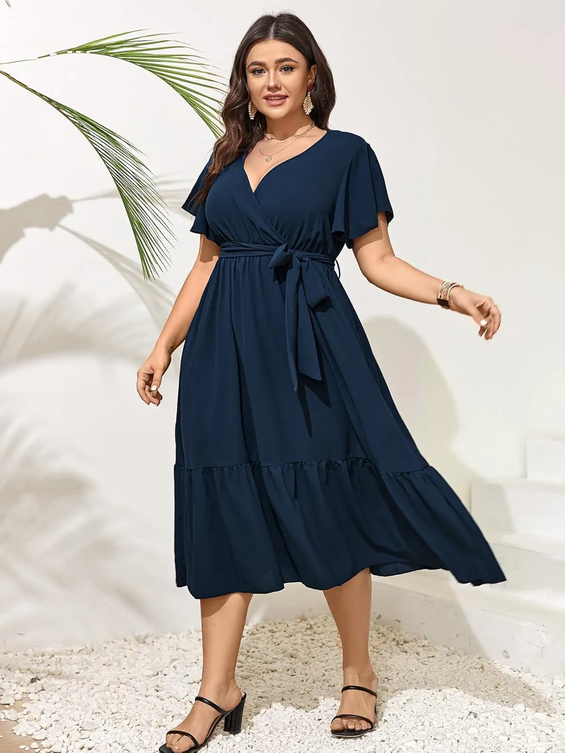 SCOMCHIC Womens Plus Size Wedding Guest Dresses Summer Wrap V Neck Short Sleeve Belted Ruffle Hem A-Line Flowy Maxi Dress