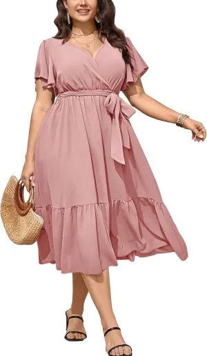 SCOMCHIC Womens Plus Size Wedding Guest Dresses Summer Wrap V Neck Short Sleeve Belted Ruffle Hem A-Line Flowy Maxi Dress