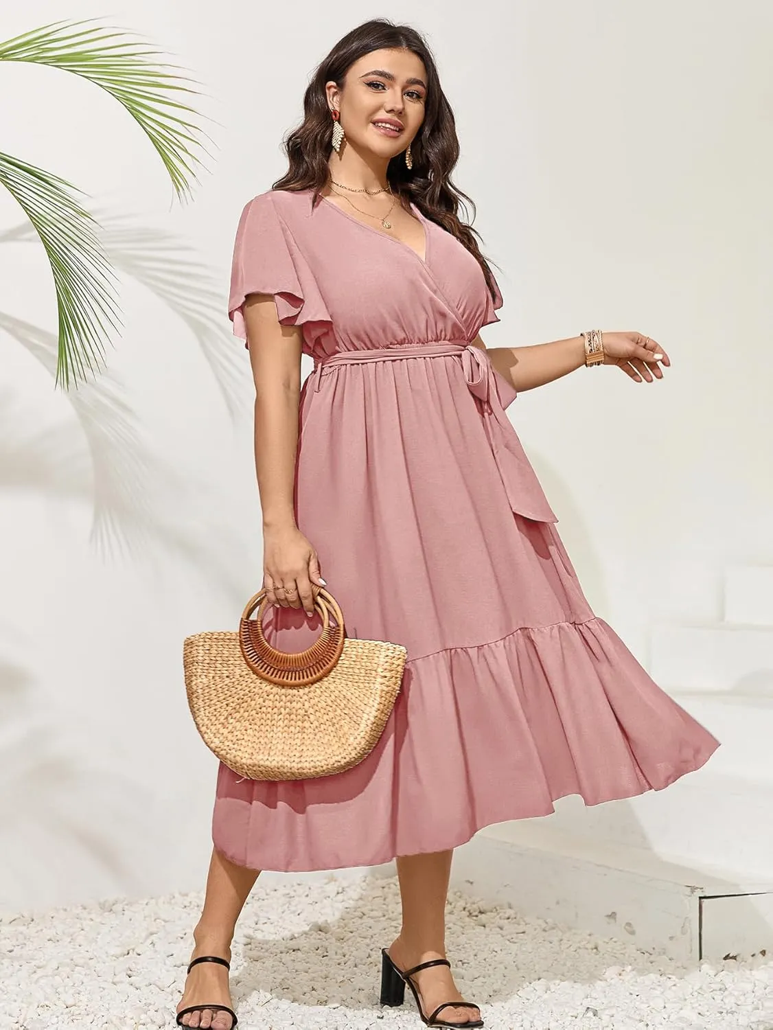 SCOMCHIC Womens Plus Size Wedding Guest Dresses Summer Wrap V Neck Short Sleeve Belted Ruffle Hem A-Line Flowy Maxi Dress