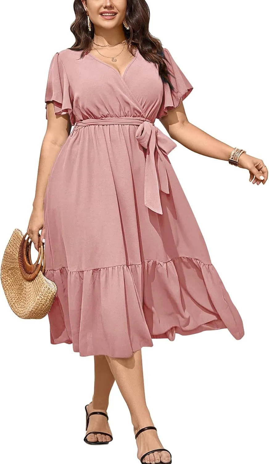 SCOMCHIC Womens Plus Size Wedding Guest Dresses Summer Wrap V Neck Short Sleeve Belted Ruffle Hem A-Line Flowy Maxi Dress