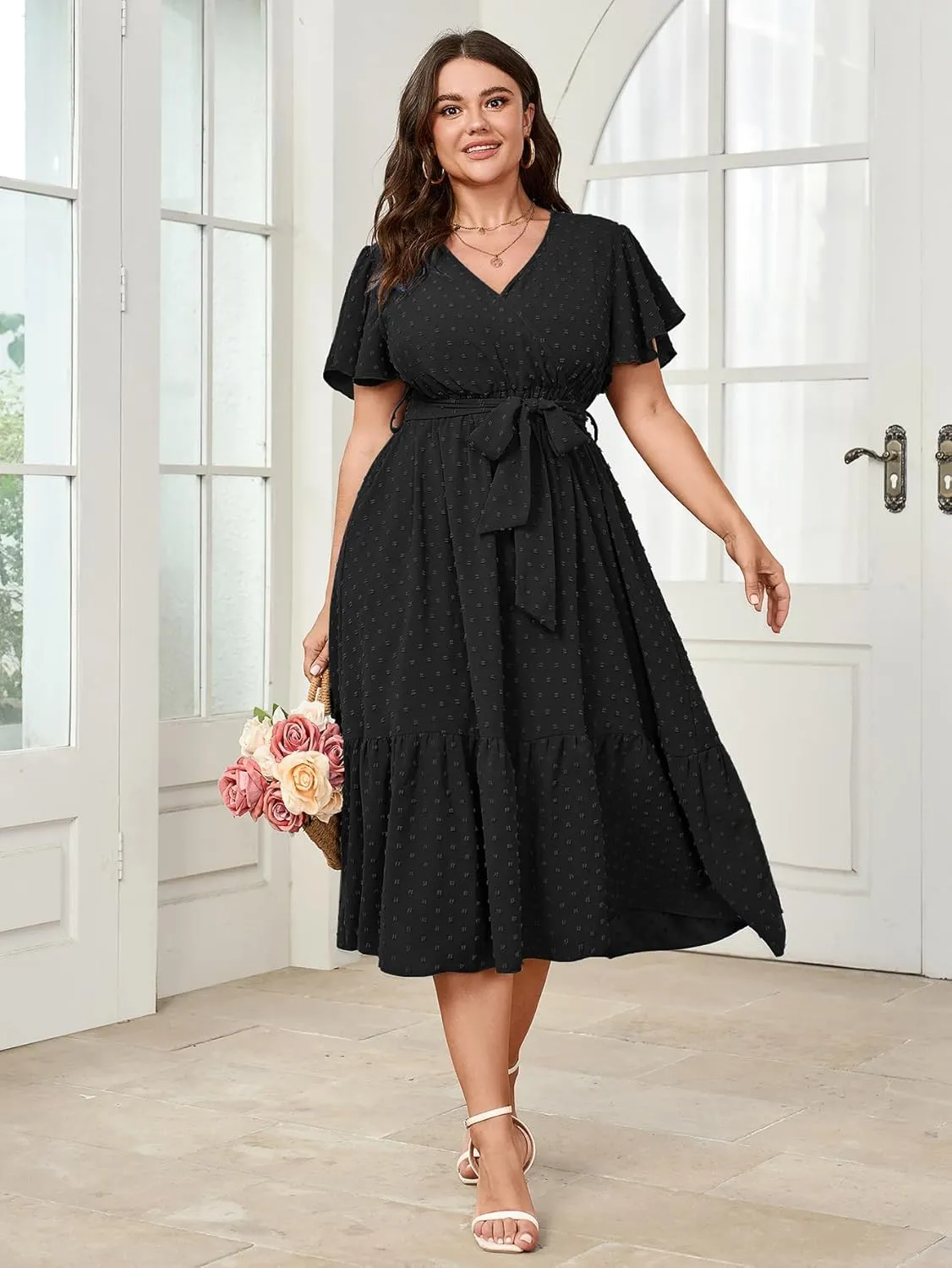 SCOMCHIC Womens Plus Size Wedding Guest Dresses Summer Wrap V Neck Short Sleeve Belted Ruffle Hem A-Line Flowy Maxi Dress