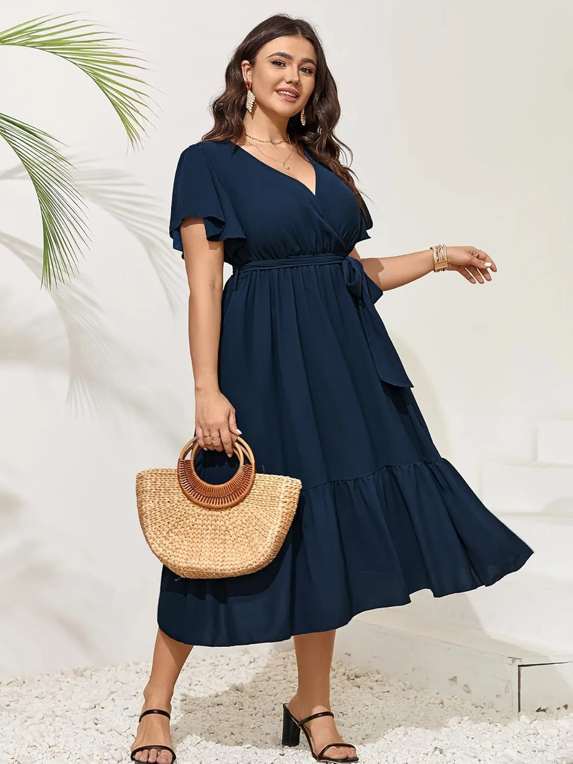 SCOMCHIC Womens Plus Size Wedding Guest Dresses Summer Wrap V Neck Short Sleeve Belted Ruffle Hem A-Line Flowy Maxi Dress