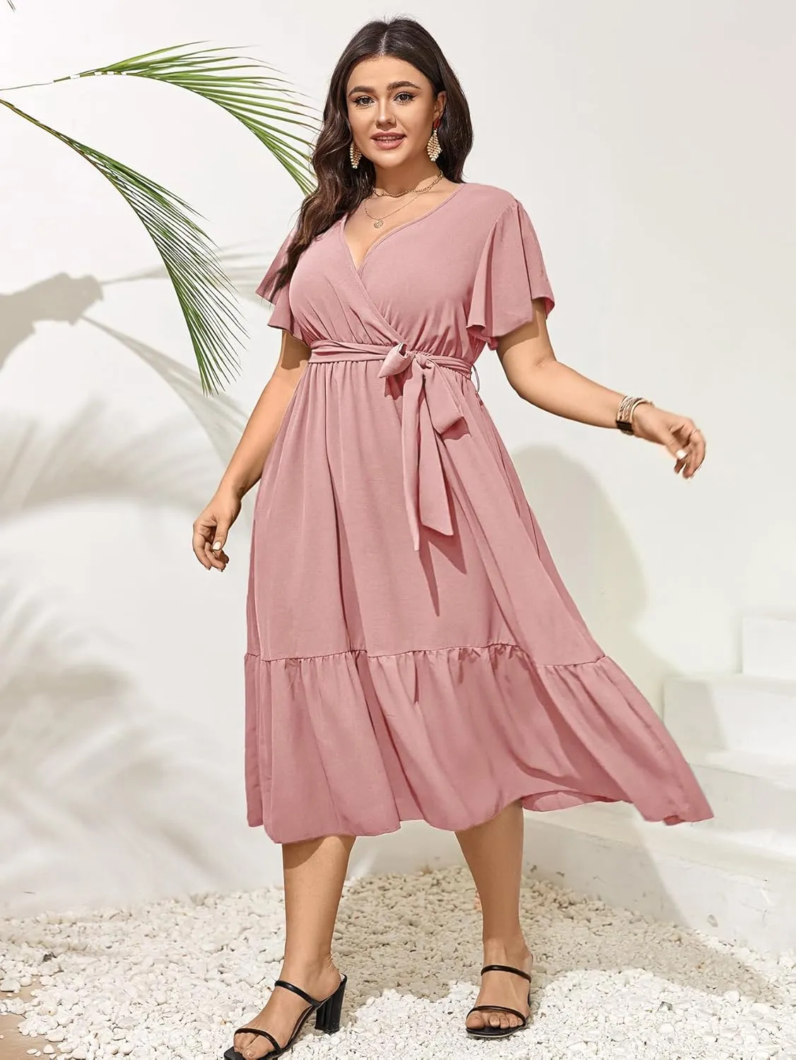 SCOMCHIC Womens Plus Size Wedding Guest Dresses Summer Wrap V Neck Short Sleeve Belted Ruffle Hem A-Line Flowy Maxi Dress