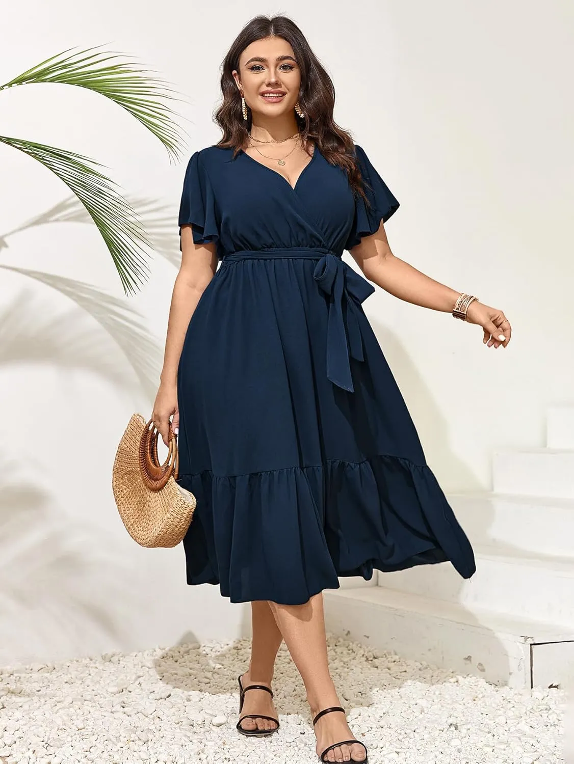 SCOMCHIC Womens Plus Size Wedding Guest Dresses Summer Wrap V Neck Short Sleeve Belted Ruffle Hem A-Line Flowy Maxi Dress