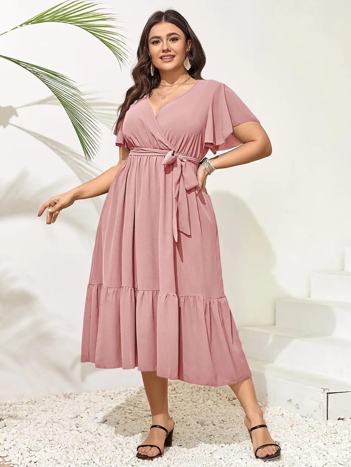 SCOMCHIC Womens Plus Size Wedding Guest Dresses Summer Wrap V Neck Short Sleeve Belted Ruffle Hem A-Line Flowy Maxi Dress