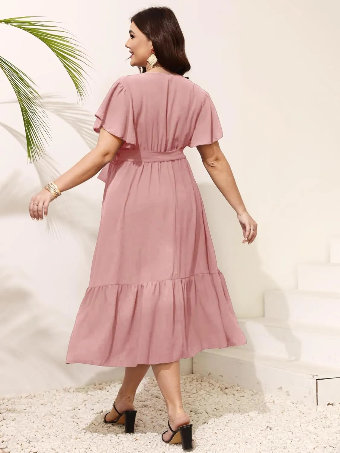 SCOMCHIC Womens Plus Size Wedding Guest Dresses Summer Wrap V Neck Short Sleeve Belted Ruffle Hem A-Line Flowy Maxi Dress
