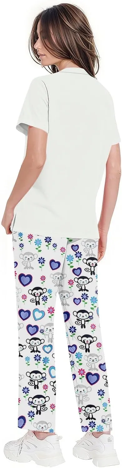 Scrubs for Women Set Jogger Nursing Uniform Stretch V-Neck Short Sleeve Top Cute Floral Animal Print Pants