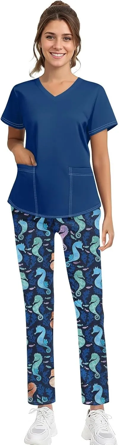 Scrubs for Women Set Jogger Nursing Uniform Stretch V-Neck Short Sleeve Top Cute Floral Animal Print Pants