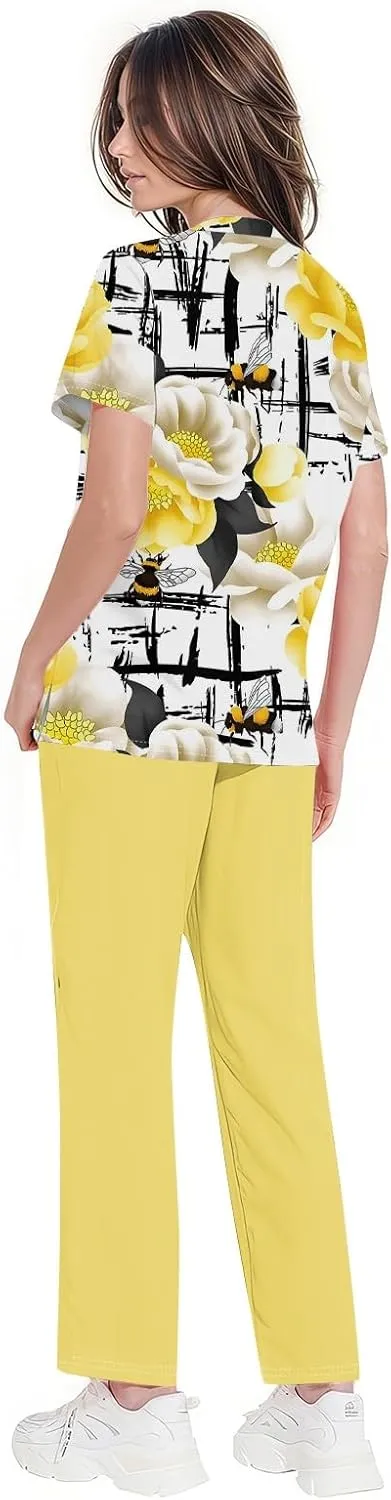 Scrubs for Women Set Jogger Nursing Uniform Stretch V-Neck Short Sleeve Top Cute Floral Animal Print Pants
