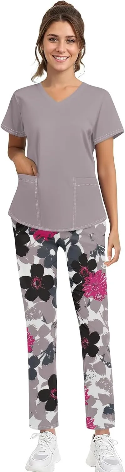 Scrubs for Women Set Jogger Nursing Uniform Stretch V-Neck Short Sleeve Top Cute Floral Animal Print Pants