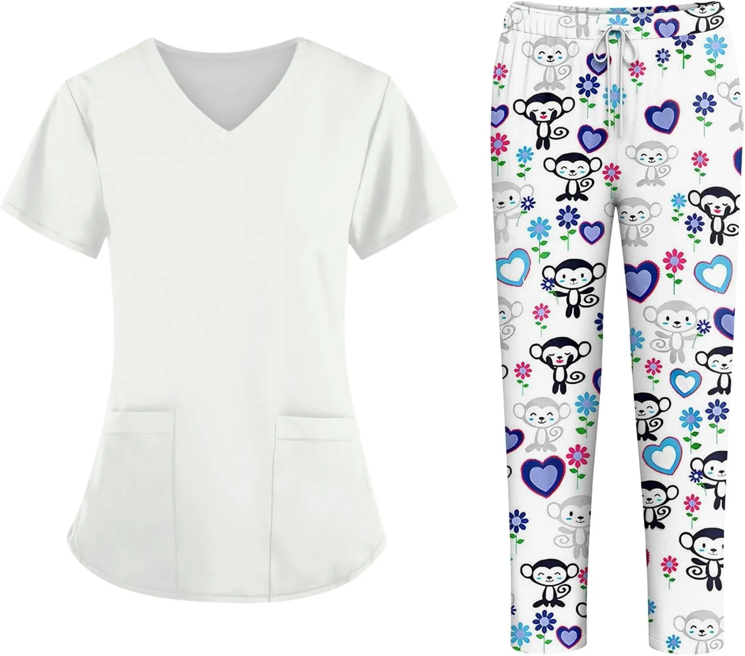 Scrubs for Women Set Jogger Nursing Uniform Stretch V-Neck Short Sleeve Top Cute Floral Animal Print Pants