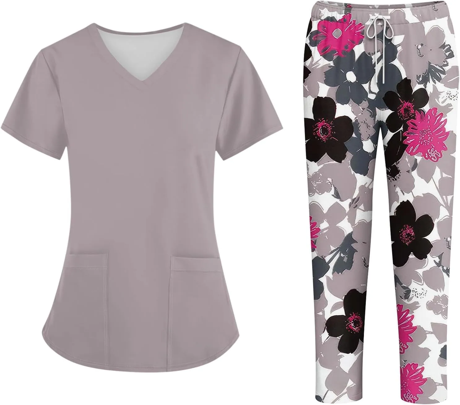 Scrubs for Women Set Jogger Nursing Uniform Stretch V-Neck Short Sleeve Top Cute Floral Animal Print Pants