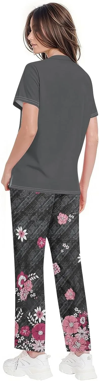 Scrubs for Women Set Jogger Nursing Uniform Stretch V-Neck Short Sleeve Top Cute Floral Animal Print Pants
