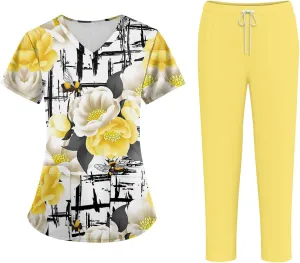 Scrubs for Women Set Jogger Nursing Uniform Stretch V-Neck Short Sleeve Top Cute Floral Animal Print Pants
