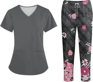 Scrubs for Women Set Jogger Nursing Uniform Stretch V-Neck Short Sleeve Top Cute Floral Animal Print Pants