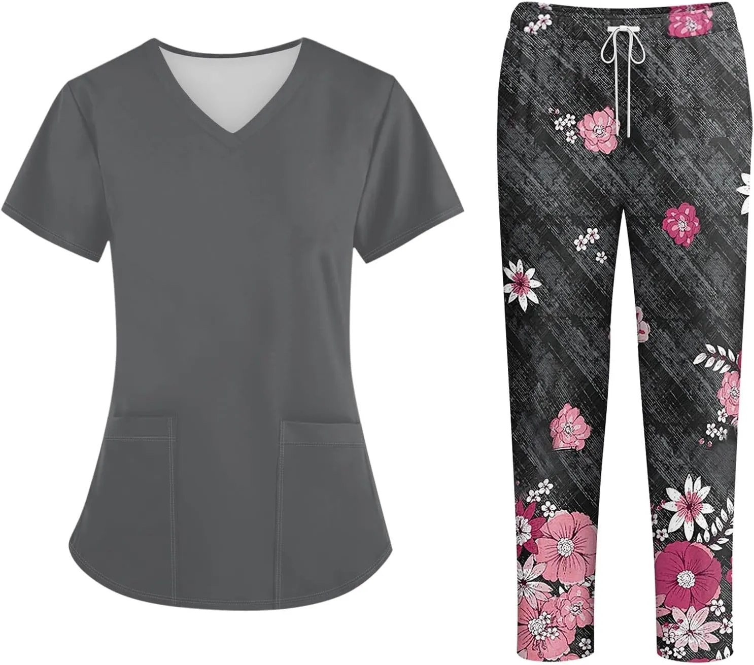 Scrubs for Women Set Jogger Nursing Uniform Stretch V-Neck Short Sleeve Top Cute Floral Animal Print Pants