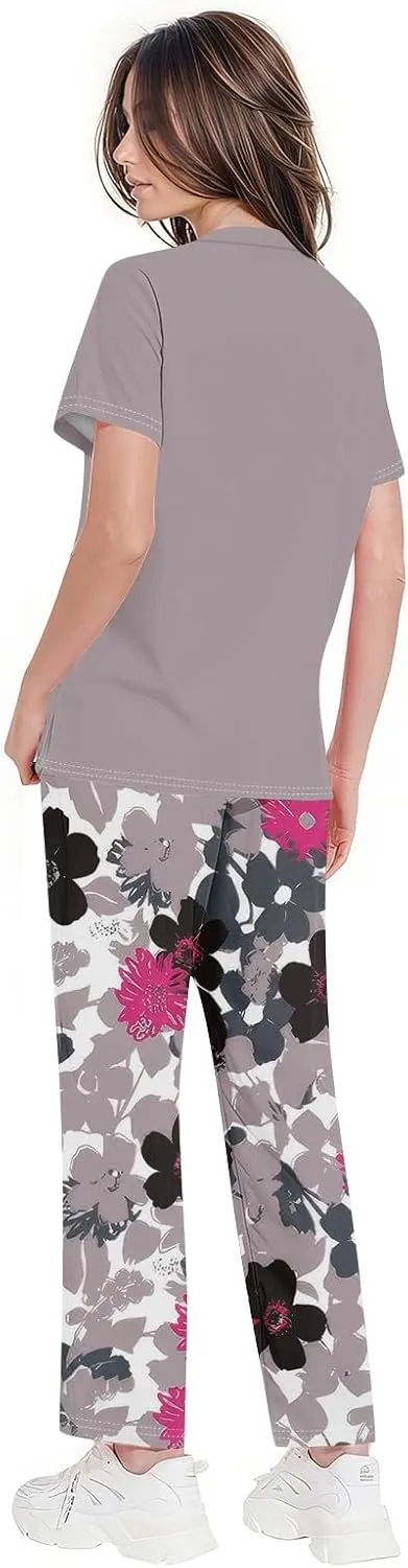 Scrubs for Women Set Jogger Nursing Uniform Stretch V-Neck Short Sleeve Top Cute Floral Animal Print Pants