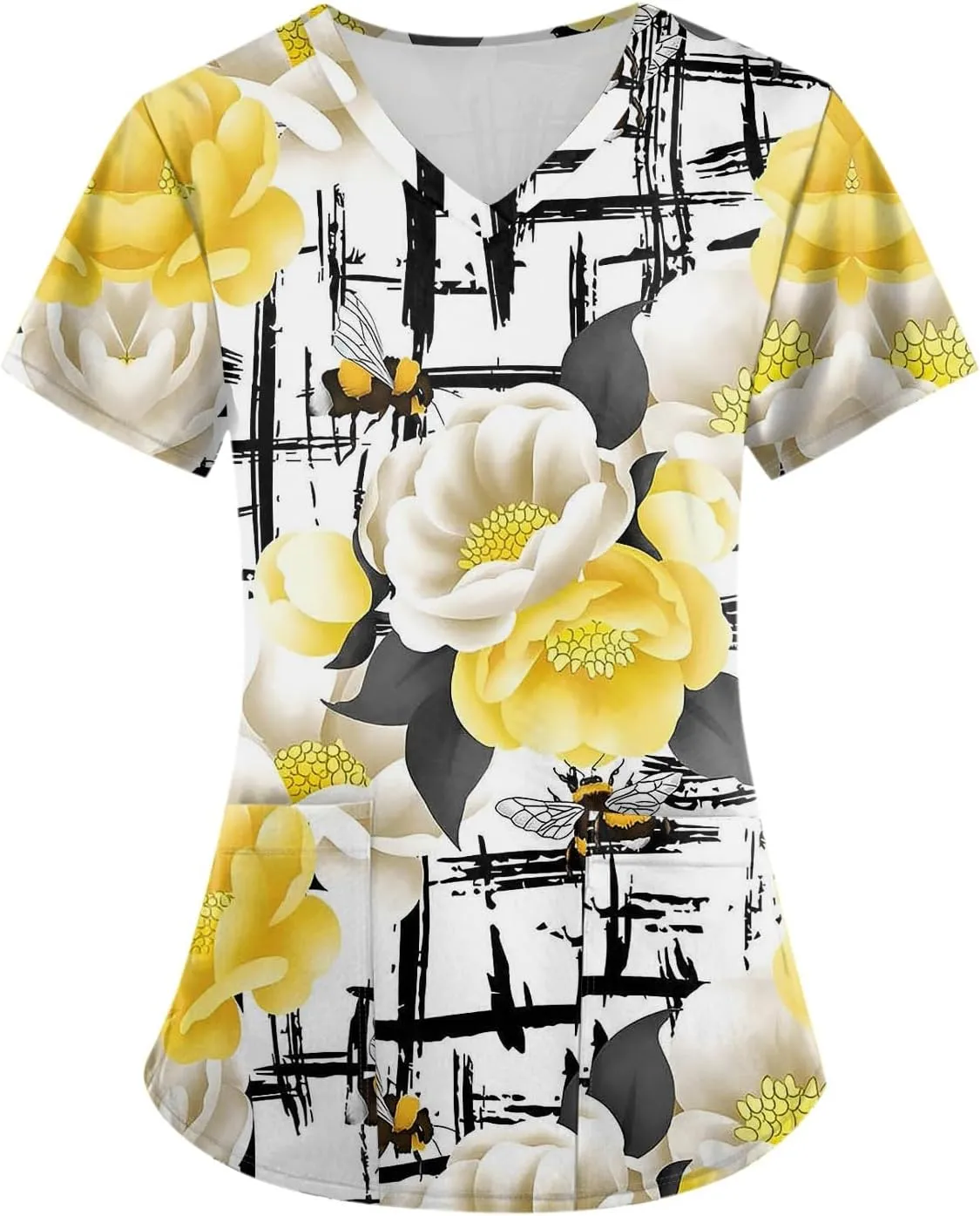 Scrubs for Women Set Jogger Nursing Uniform Stretch V-Neck Short Sleeve Top Cute Floral Animal Print Pants