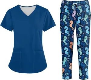 Scrubs for Women Set Jogger Nursing Uniform Stretch V-Neck Short Sleeve Top Cute Floral Animal Print Pants