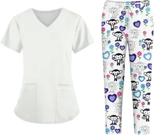 Scrubs for Women Set Jogger Nursing Uniform Stretch V-Neck Short Sleeve Top Cute Floral Animal Print Pants