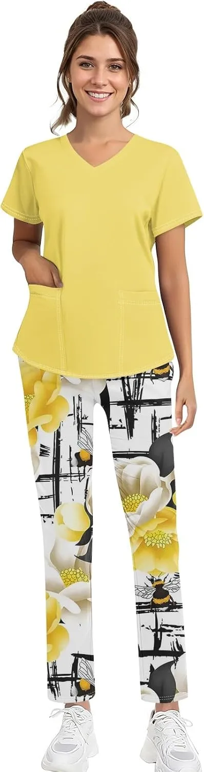 Scrubs for Women Set Jogger Nursing Uniform Stretch V-Neck Short Sleeve Top Cute Floral Animal Print Pants