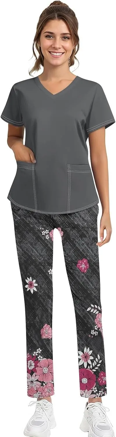 Scrubs for Women Set Jogger Nursing Uniform Stretch V-Neck Short Sleeve Top Cute Floral Animal Print Pants