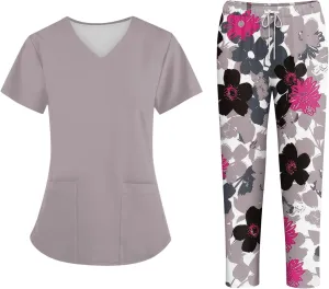 Scrubs for Women Set Jogger Nursing Uniform Stretch V-Neck Short Sleeve Top Cute Floral Animal Print Pants