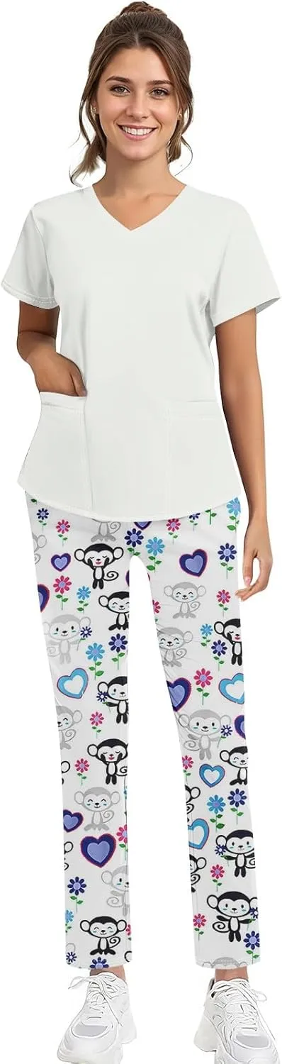 Scrubs for Women Set Jogger Nursing Uniform Stretch V-Neck Short Sleeve Top Cute Floral Animal Print Pants