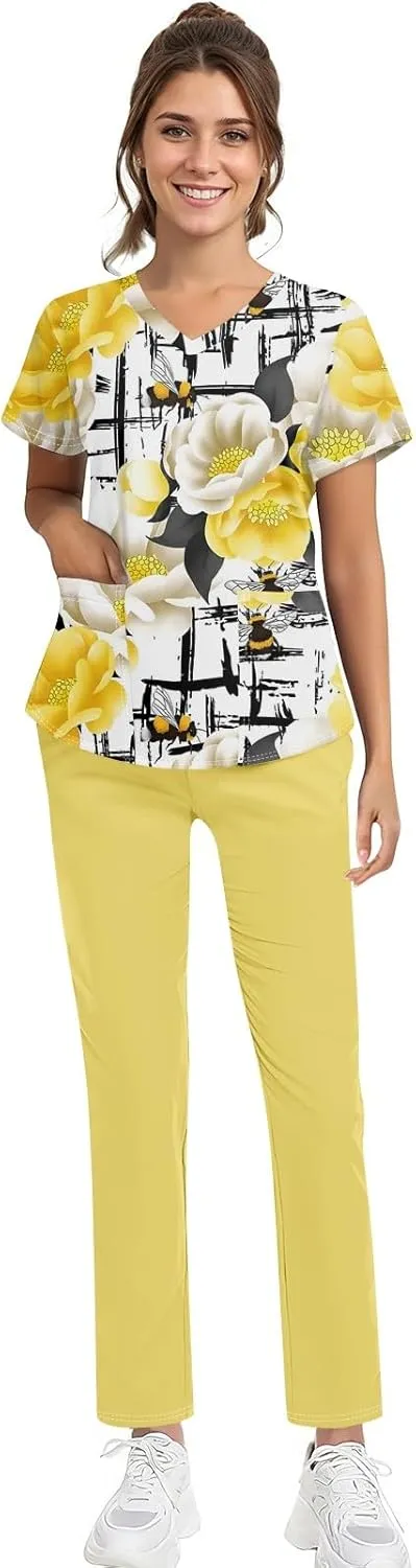 Scrubs for Women Set Jogger Nursing Uniform Stretch V-Neck Short Sleeve Top Cute Floral Animal Print Pants