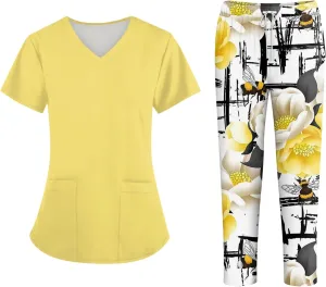 Scrubs for Women Set Jogger Nursing Uniform Stretch V-Neck Short Sleeve Top Cute Floral Animal Print Pants