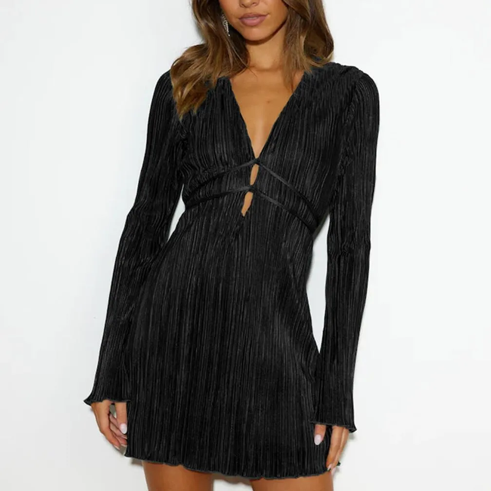 Sdencin Women Sexy Deep V-Neck Bandage Tie Waist Bodycon Short Dress Party Long Sleeve Cut Out Solid Wrap Midi Dresses
