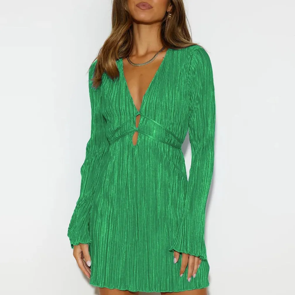 Sdencin Women Sexy Deep V-Neck Bandage Tie Waist Bodycon Short Dress Party Long Sleeve Cut Out Solid Wrap Midi Dresses