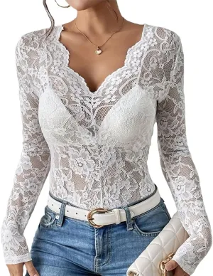 Sdencin Women Sexy Deep V-Neck See Through Mesh Sheer Lace Top Blouse Long Sleeve Slim Fit Floral Tee Shirt Tunic