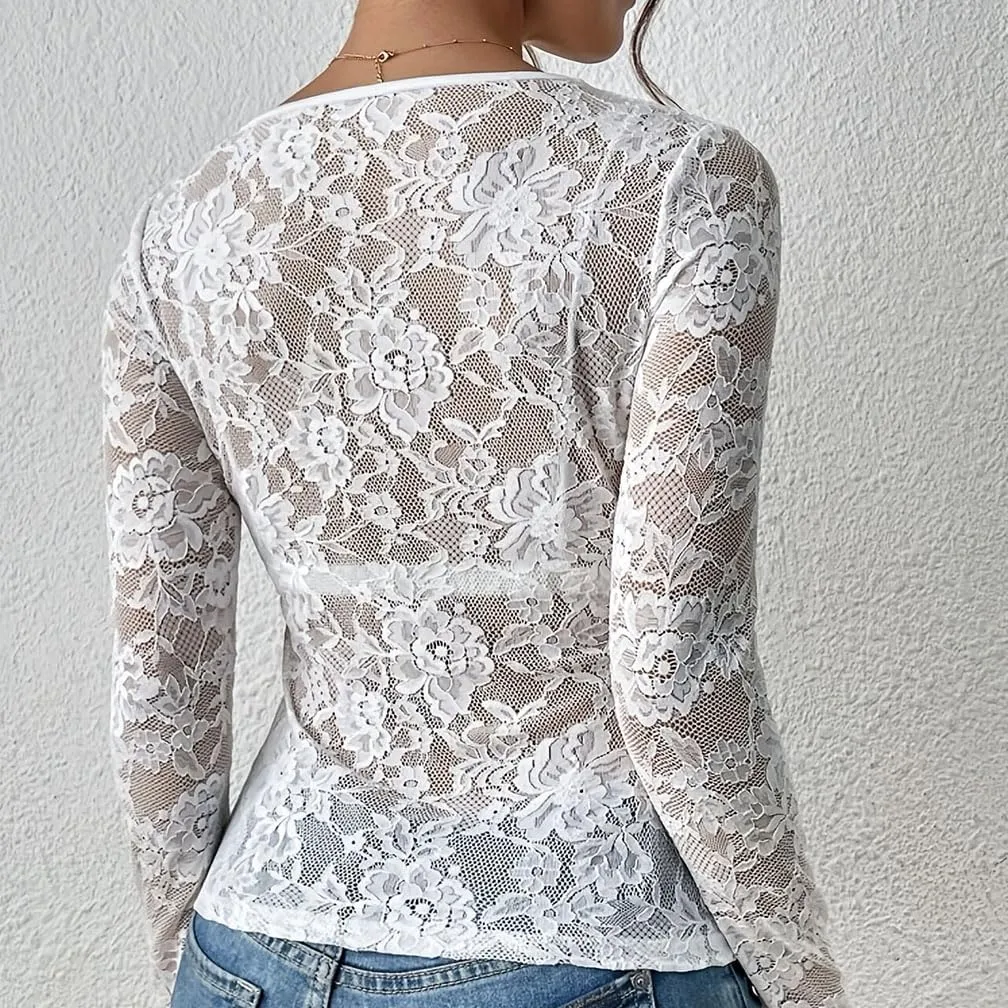 Sdencin Women Sexy Deep V-Neck See Through Mesh Sheer Lace Top Blouse Long Sleeve Slim Fit Floral Tee Shirt Tunic