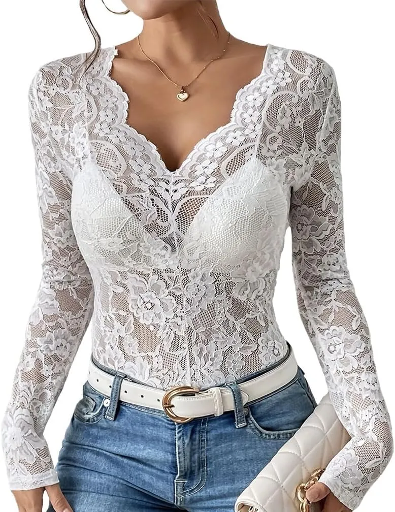 Sdencin Women Sexy Deep V-Neck See Through Mesh Sheer Lace Top Blouse Long Sleeve Slim Fit Floral Tee Shirt Tunic