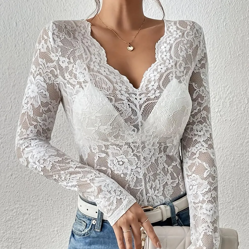 Sdencin Women Sexy Deep V-Neck See Through Mesh Sheer Lace Top Blouse Long Sleeve Slim Fit Floral Tee Shirt Tunic