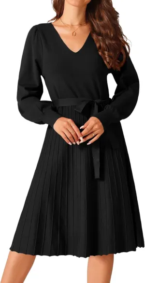 Seta T Women's V Neck Sweater Dress Casual Long Sleeve Tie Waist Pleated A-Line Midi Dress