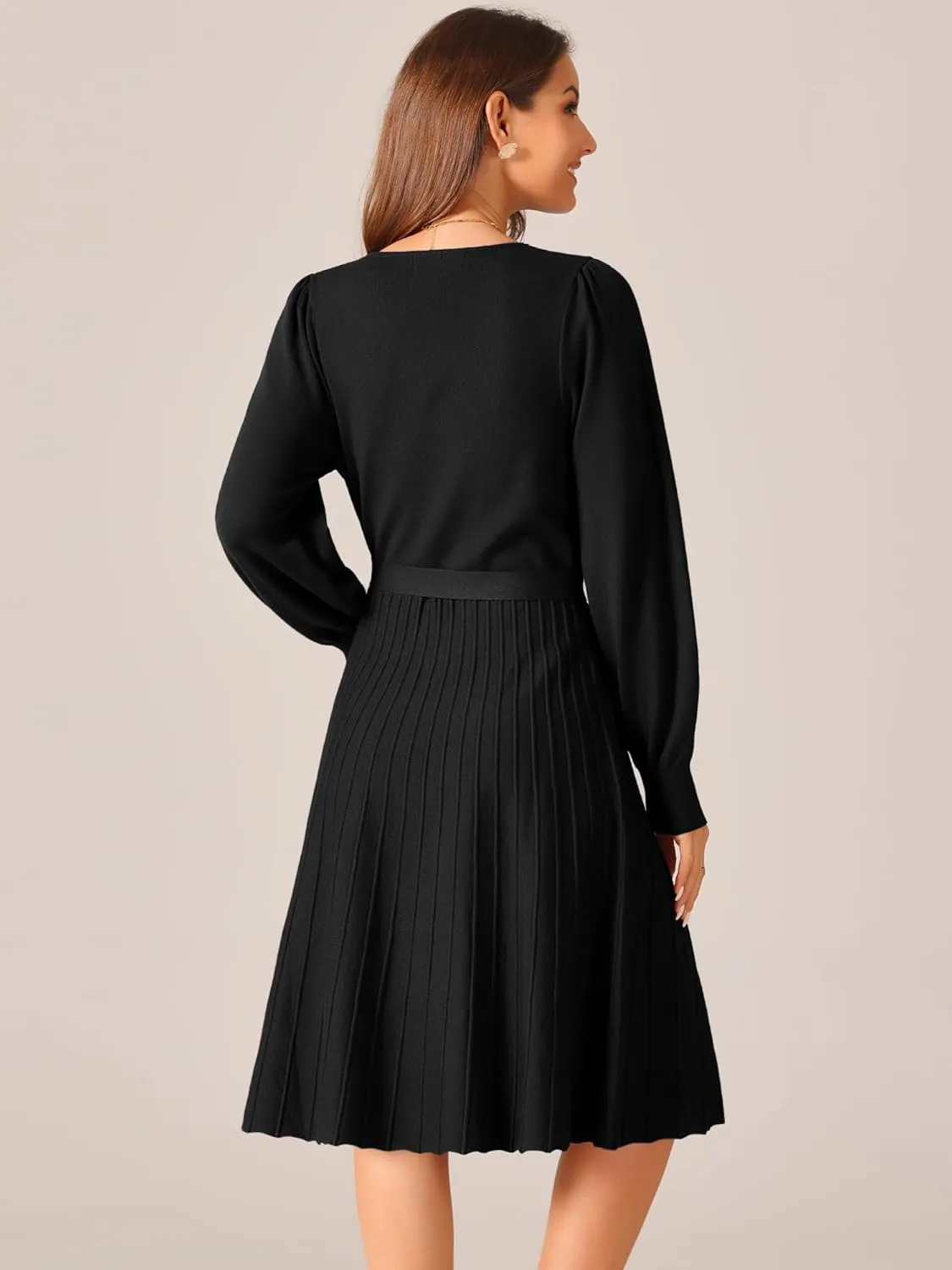 Seta T Women's V Neck Sweater Dress Casual Long Sleeve Tie Waist Pleated A-Line Midi Dress