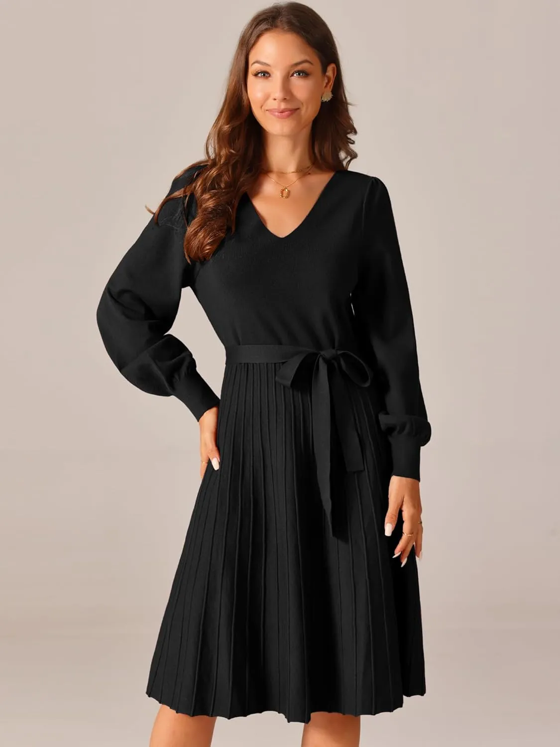 Seta T Women's V Neck Sweater Dress Casual Long Sleeve Tie Waist Pleated A-Line Midi Dress