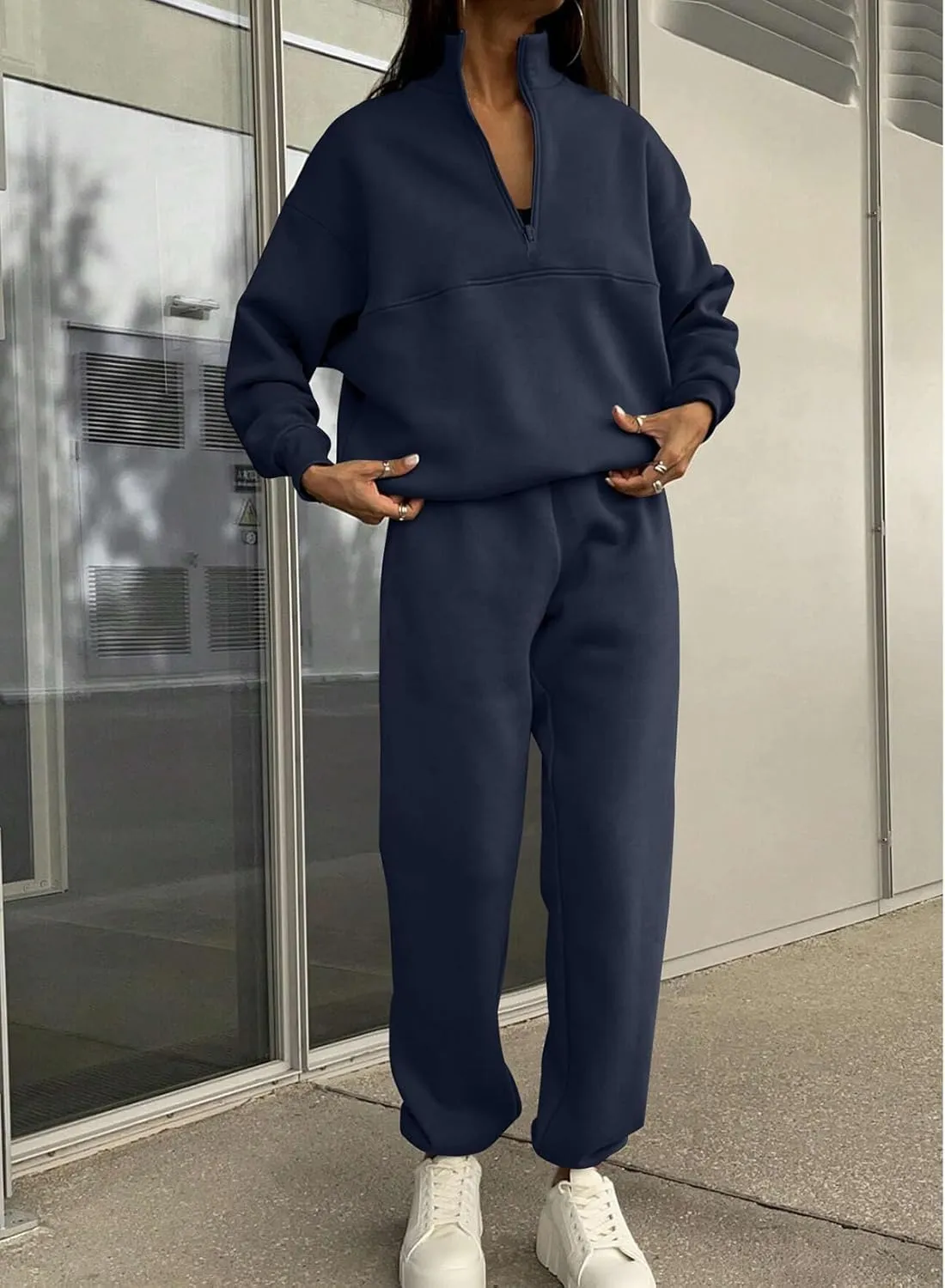 SHEWIN Womens 2 Piece Outfits Sweatsuits Long Sleeve Lounge Sets Oversized Sweatshirt Half Zip Pullover Jogger Sweatpants