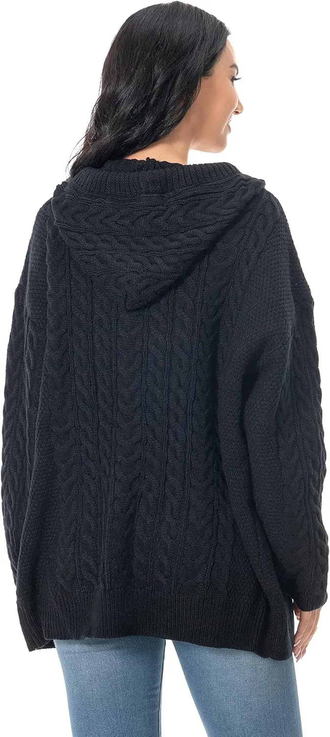 Shineflow Women Hooded Cardigan Oversized Slouchy Zipper Cable Knit Cardigan Coat Solid Color Sweater Casual Knit Knitwear