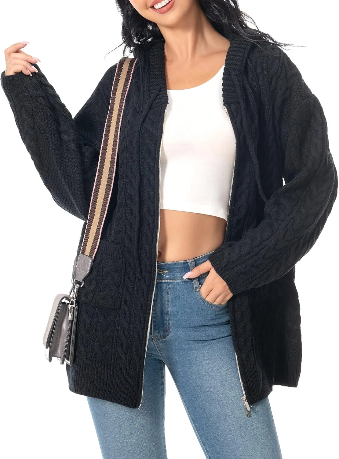 Shineflow Women Hooded Cardigan Oversized Slouchy Zipper Cable Knit Cardigan Coat Solid Color Sweater Casual Knit Knitwear