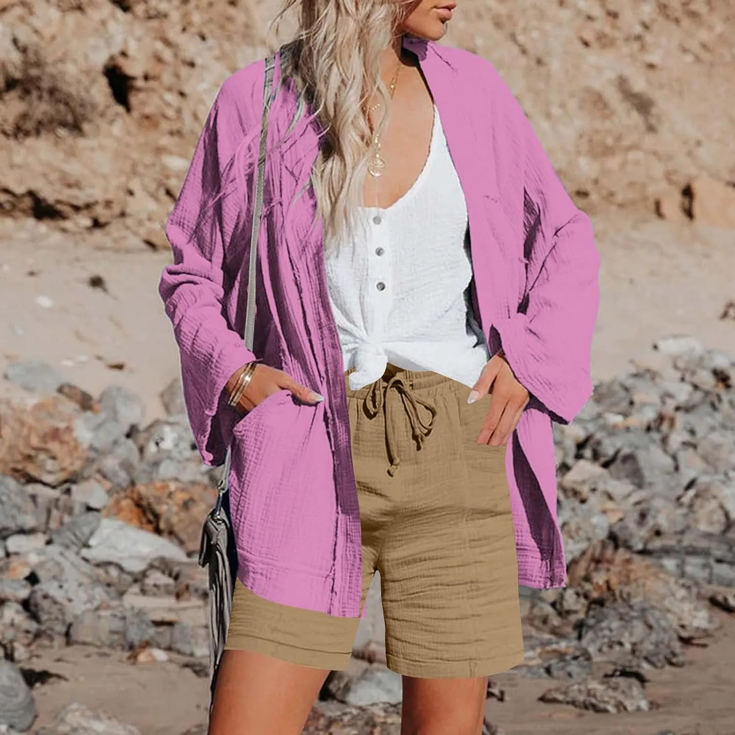 Shorts for Women Casual Summer Wide Leg Loose Fit High Waisted Elastic Lightweight Drawstring Comfy with Pockets