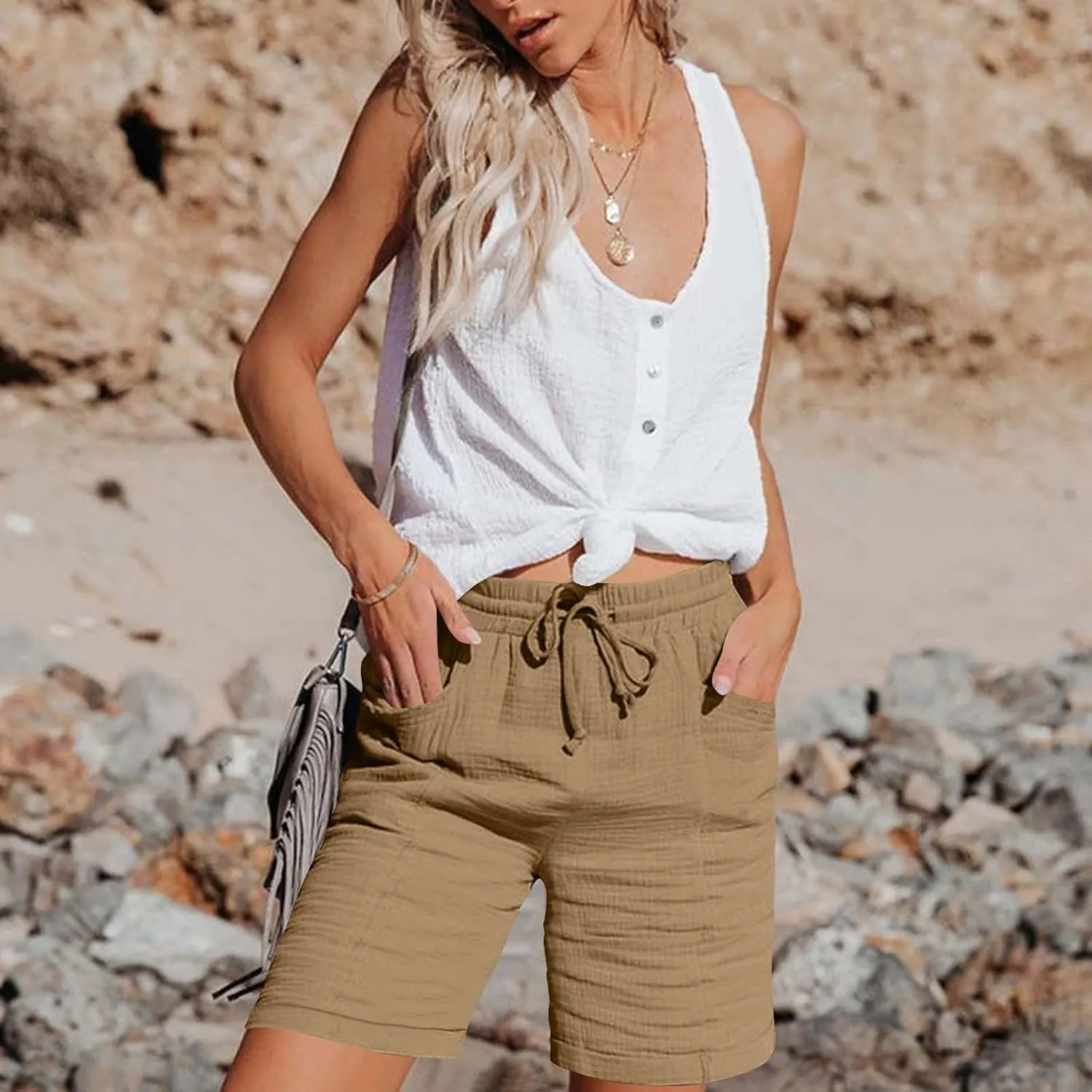 Shorts for Women Casual Summer Wide Leg Loose Fit High Waisted Elastic Lightweight Drawstring Comfy with Pockets